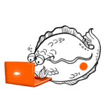 Ein goldbutt sitzt arbeitend am Laptop. Es handelt sich hierbei um eine Illustration.