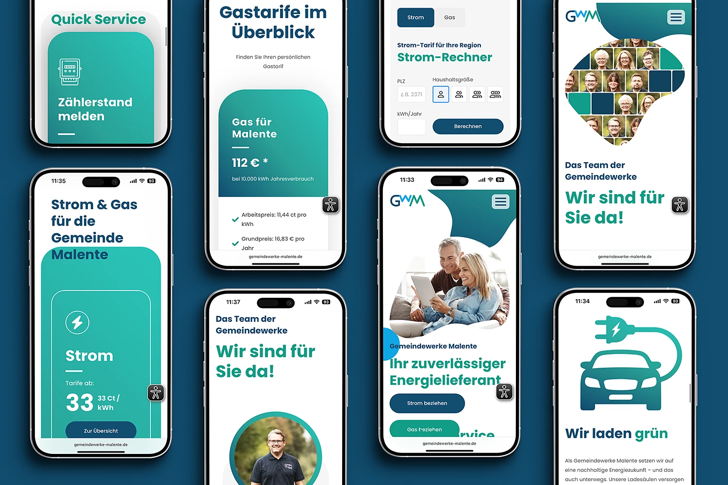Screenshots der neuen Website der Gemeindewerke Malente auf dem Smartphone
