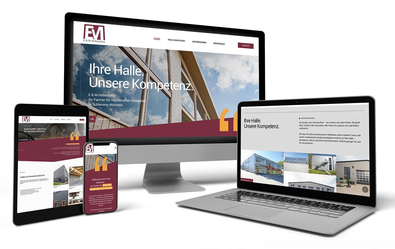 Website von E & M Stahlbau am Desktop, Laptop, Tablet und Smartphone